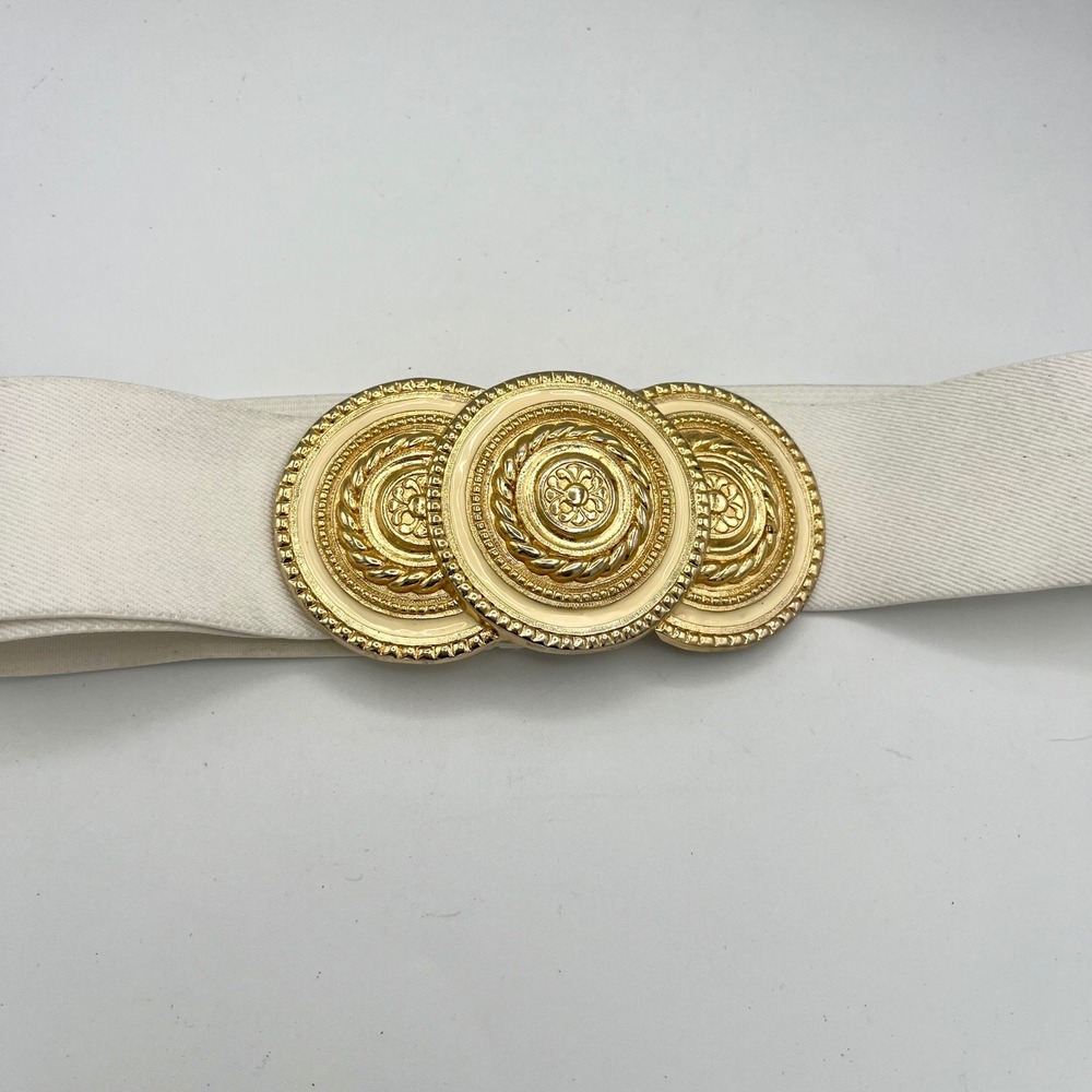 Nan Lewis Vintage White Elastic Belt Large Gold Tone Ornate Medallion Buckle